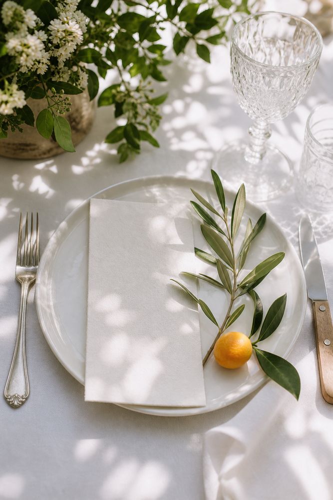 Elegant event place setting with citrus sprig and linen menu card