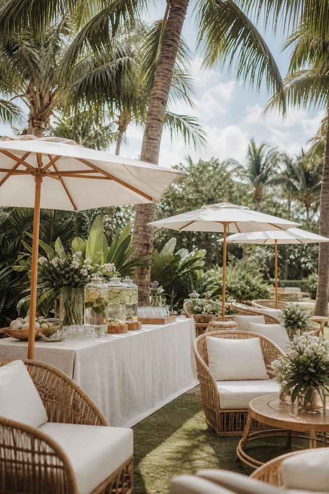 Executive retreat welcome lounge with market umbrellas and citrus water station