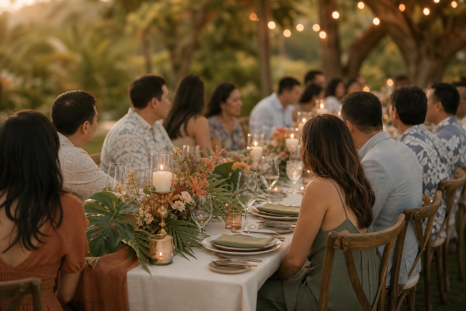Guests in conversation along a long candlelit banquet table beneath string lights